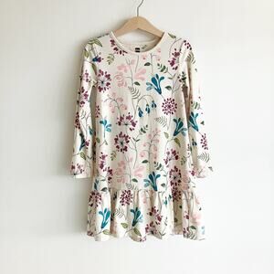 Tea Girls Size 6 Dress Floral Print Long Sleeve A Line Ruffle Cotton White